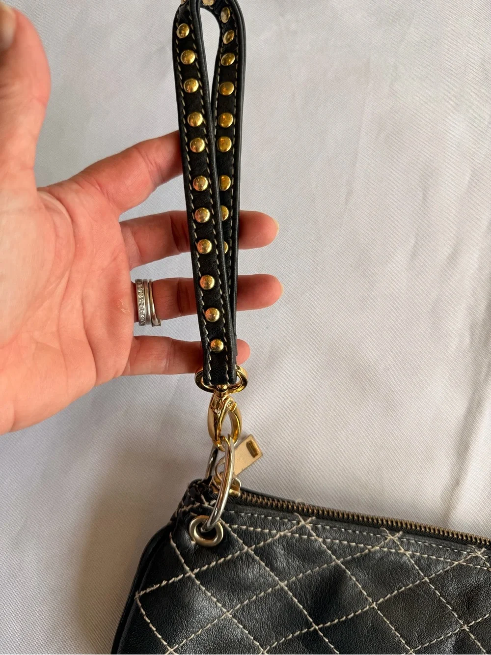 Kate Landry Black Quilted Large Wristlet with Gold Stud Wrist Strap